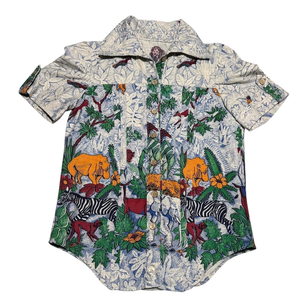 Vintage 70s 80s Multicolor Safari Casual Short Sleeve Button Up Shirt Youth L